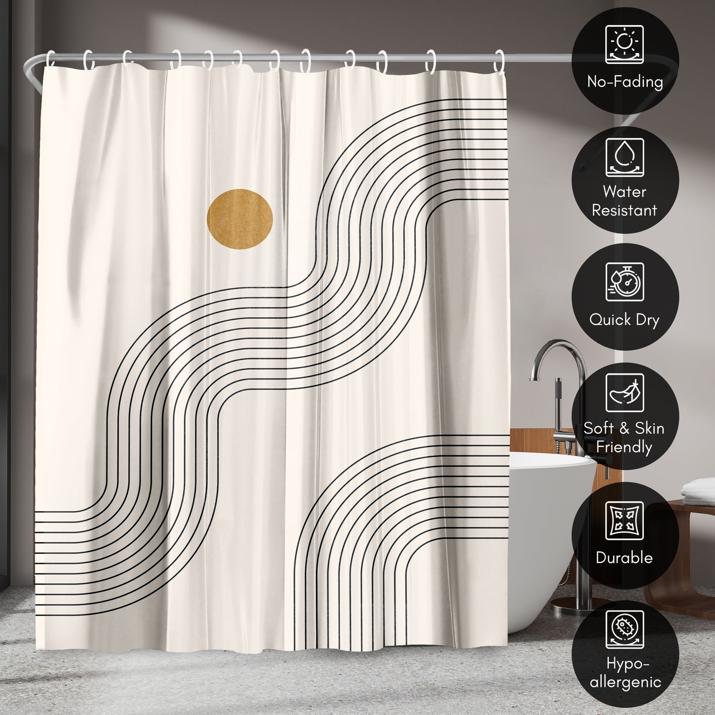 71" x 74" Abstract Shower Curtain with 12 Hooks, Boho Geometric Lines Part 3 by Tetyana Karankovska