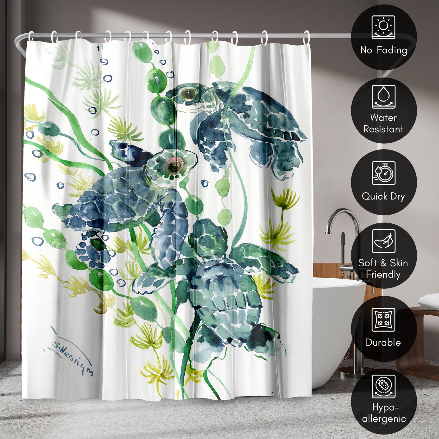 71" x 74" Decorative Shower Curtain with 12 Hooks, Three Sea Turtles by Suren Nersisyan