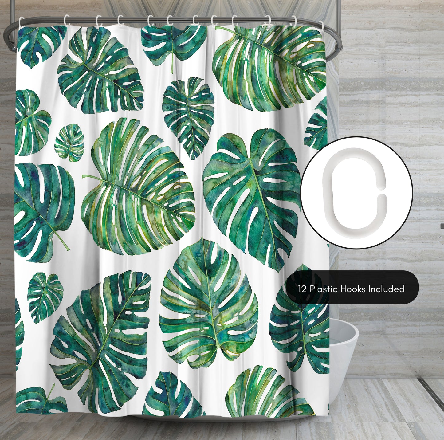 71" x 74" Decorative Shower Curtain with 12 Hooks, Tropical Leaves by Elena O'Neill