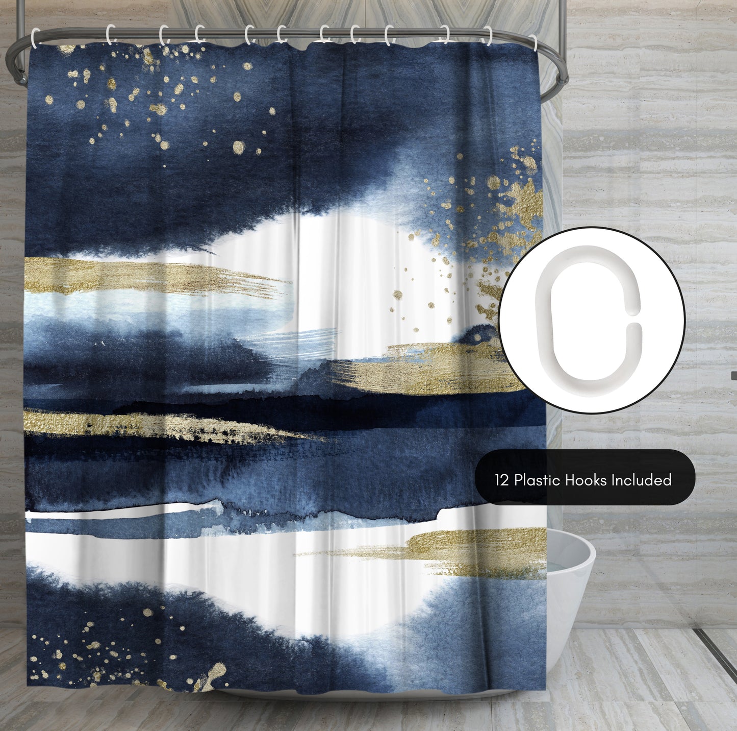 71" x 74" Decorative Shower Curtain with 12 Hooks, Abstract Navy Gold by Lisa Nohren