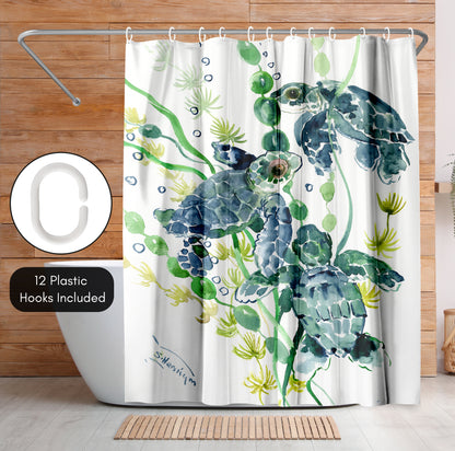 71" x 74" Decorative Shower Curtain with 12 Hooks, Three Sea Turtles by Suren Nersisyan