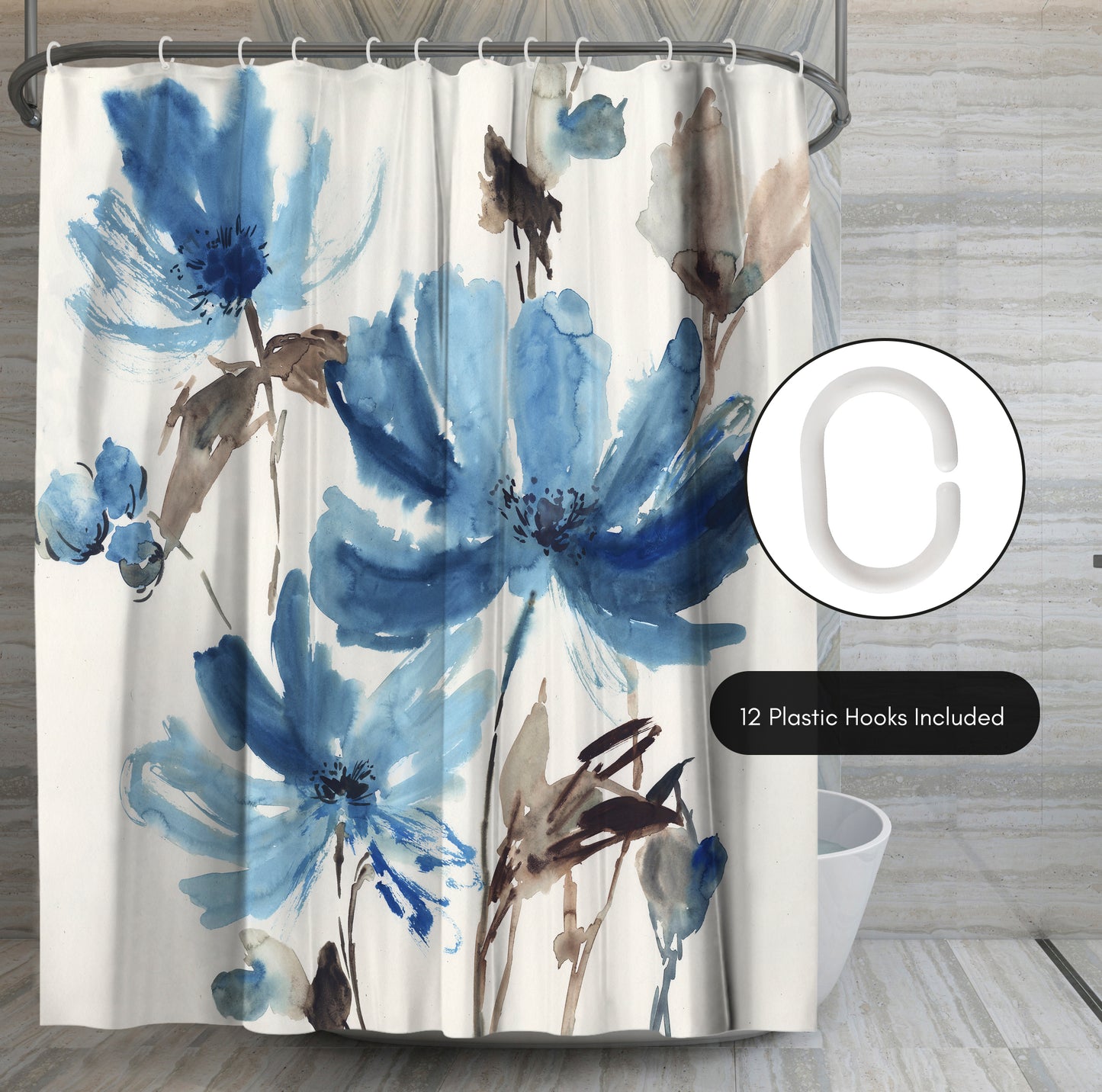 71" x 74" Floral Shower Curtain with 12 Hooks, Blissful Blue by PI Creative Art