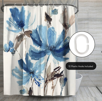 71" x 74" Floral Shower Curtain with 12 Hooks, Blissful Blue by PI Creative Art