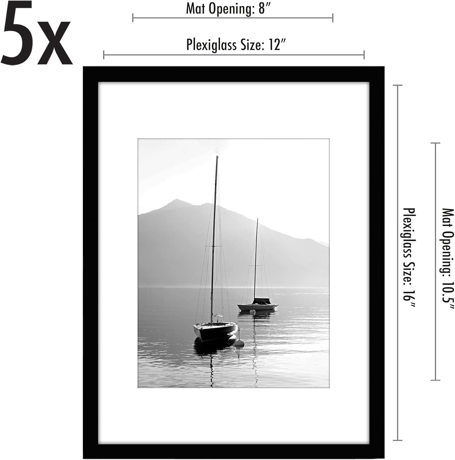 Americanflat | 12x16 Picture Frame with Polished Plexiglass | Set of 5 | Use as 8.5x11 Frame with Mat or Display 12x16 Photo Without Mat | Galleria Collection | Picture Frames for Wall Display | Black
