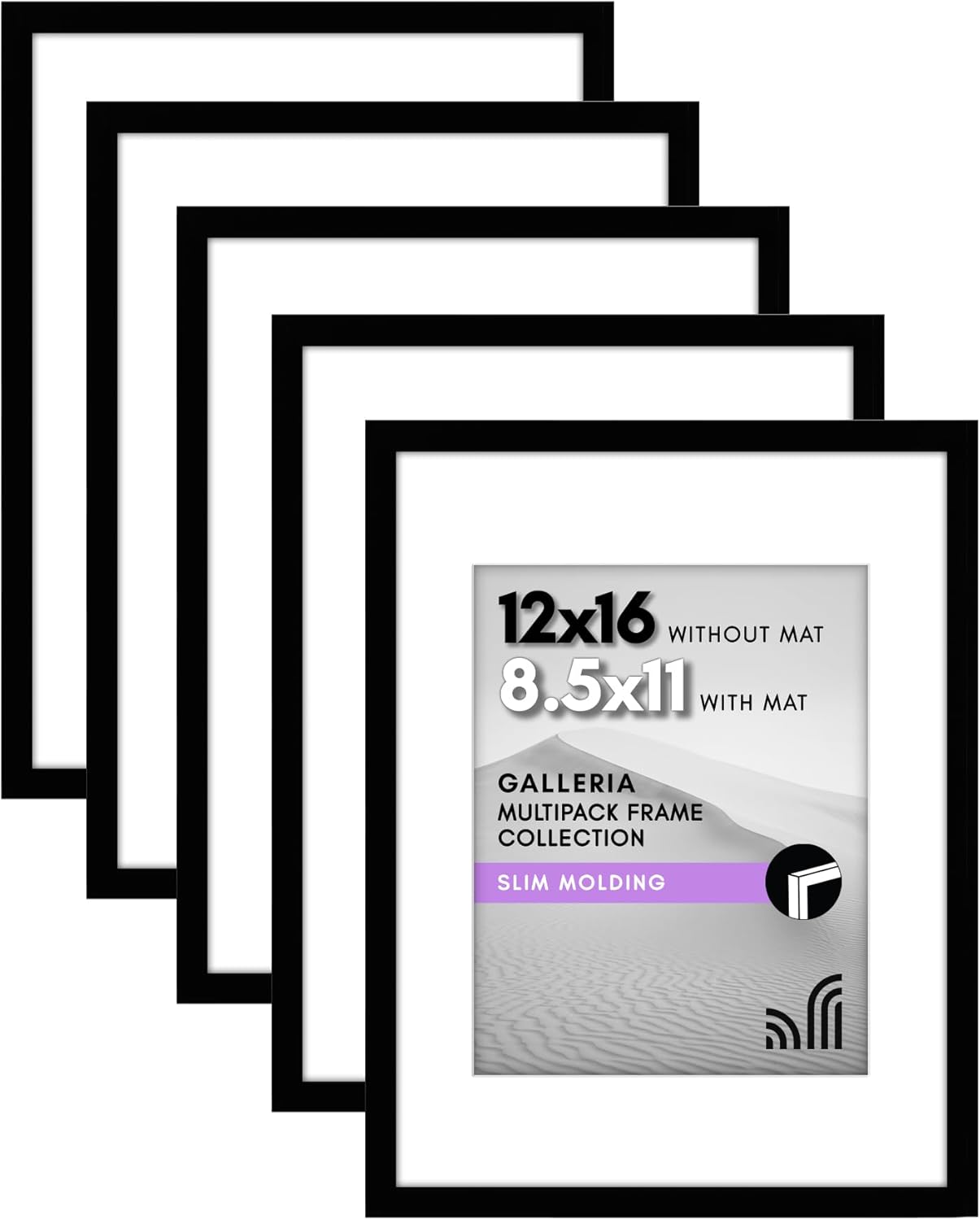 Americanflat | 12x16 Picture Frame with Polished Plexiglass | Set of 5 | Use as 8.5x11 Frame with Mat or Display 12x16 Photo Without Mat | Galleria Collection | Picture Frames for Wall Display | Black