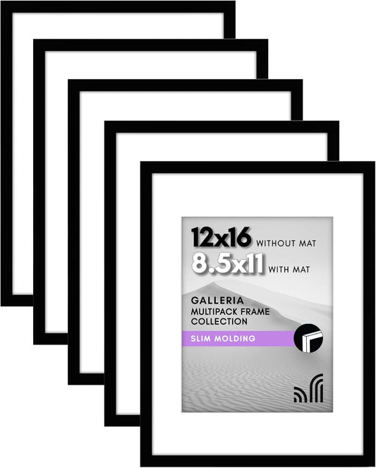 Americanflat | 12x16 Picture Frame with Polished Plexiglass | Set of 5 | Use as 8.5x11 Frame with Mat or Display 12x16 Photo Without Mat | Galleria Collection | Picture Frames for Wall Display | Black