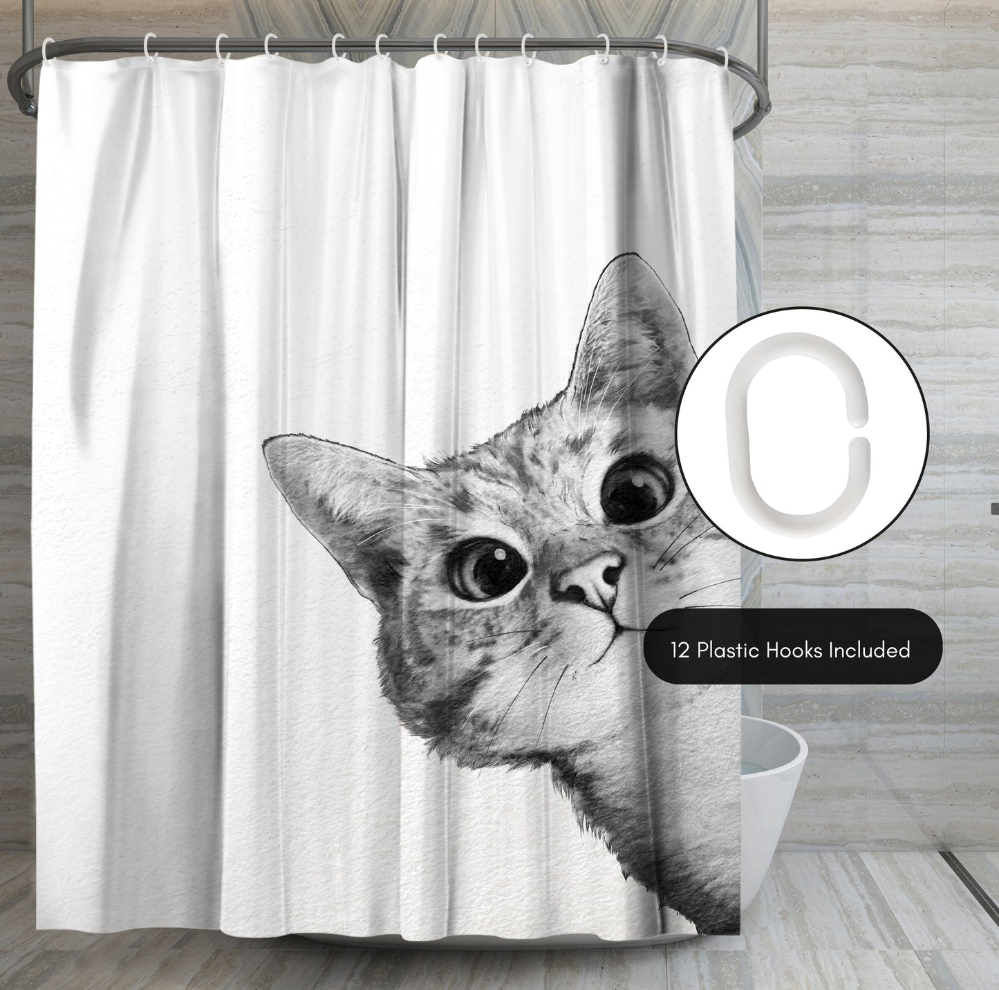 71" x 74" Decorative Shower Curtain with 12 Hooks, Sneaky Cat by Laura Grave