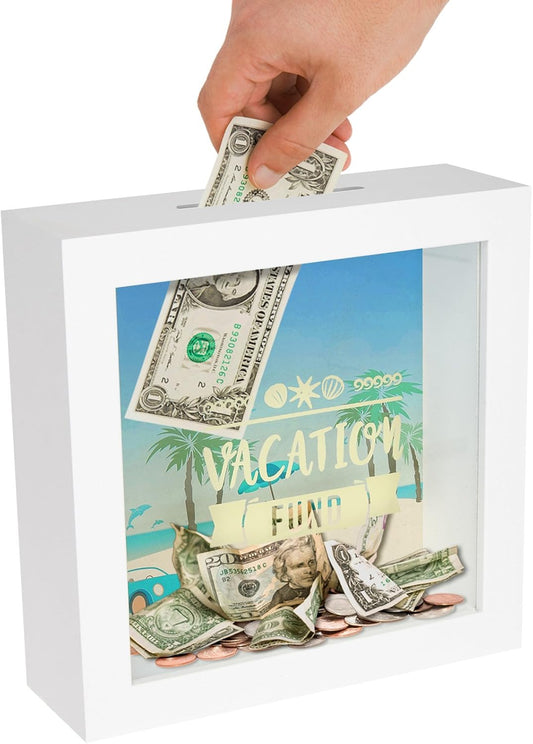 Americanflat 6x6 Vacation Fund Shadow Box Frame with Polished Glass - Money Saver Shadow Box with Slot On Top for Wall - Adventure Fund Money Box for Travel Funds, Family Vacations or Honeymoons