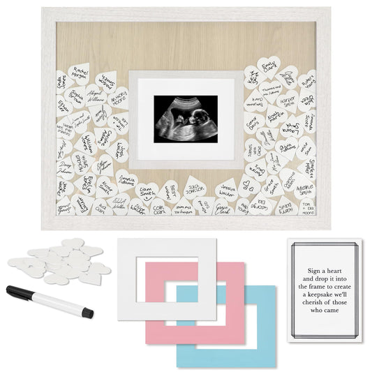 Americanflat 12x16 Baby Shower Guest Book with Pink and Blue Mats | Includes 80 Heart Tokens | White
