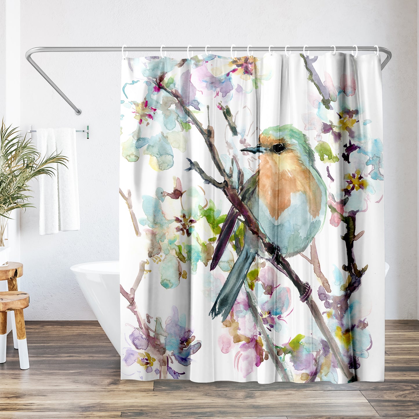 Americanflat 71x74 Robin and Apricot Tree Blossom Shower Curtain - 100% Polyester Shower Curtain