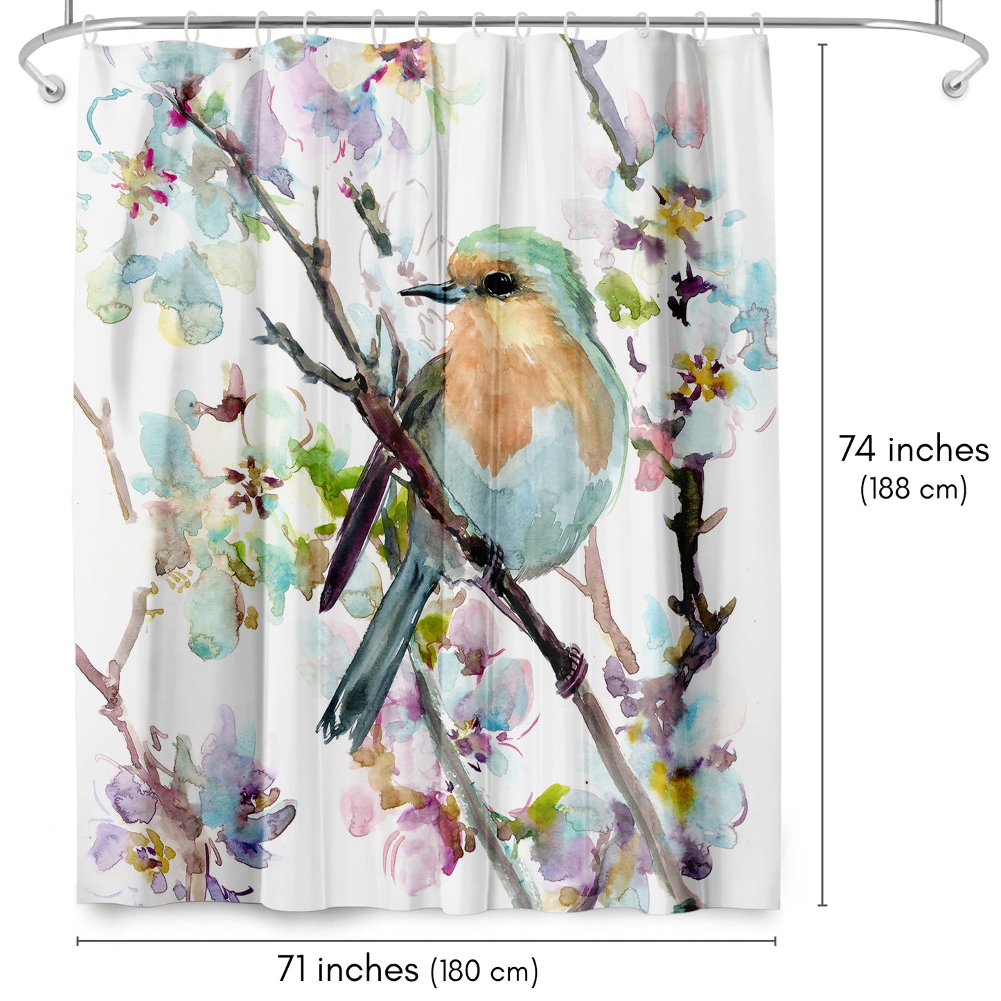 Americanflat 71x74 Robin and Apricot Tree Blossom Shower Curtain - 100% Polyester Shower Curtain