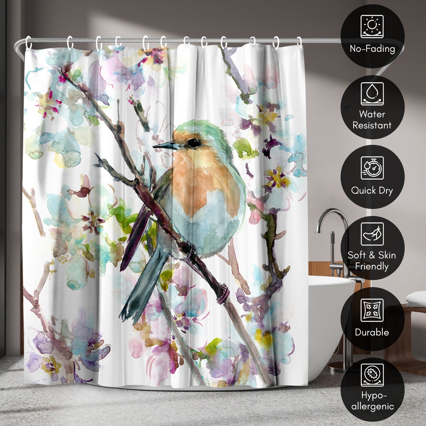 Americanflat 71x74 Robin and Apricot Tree Blossom Shower Curtain - 100% Polyester Shower Curtain