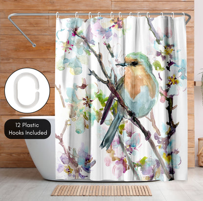 Americanflat 71x74 Robin and Apricot Tree Blossom Shower Curtain - 100% Polyester Shower Curtain