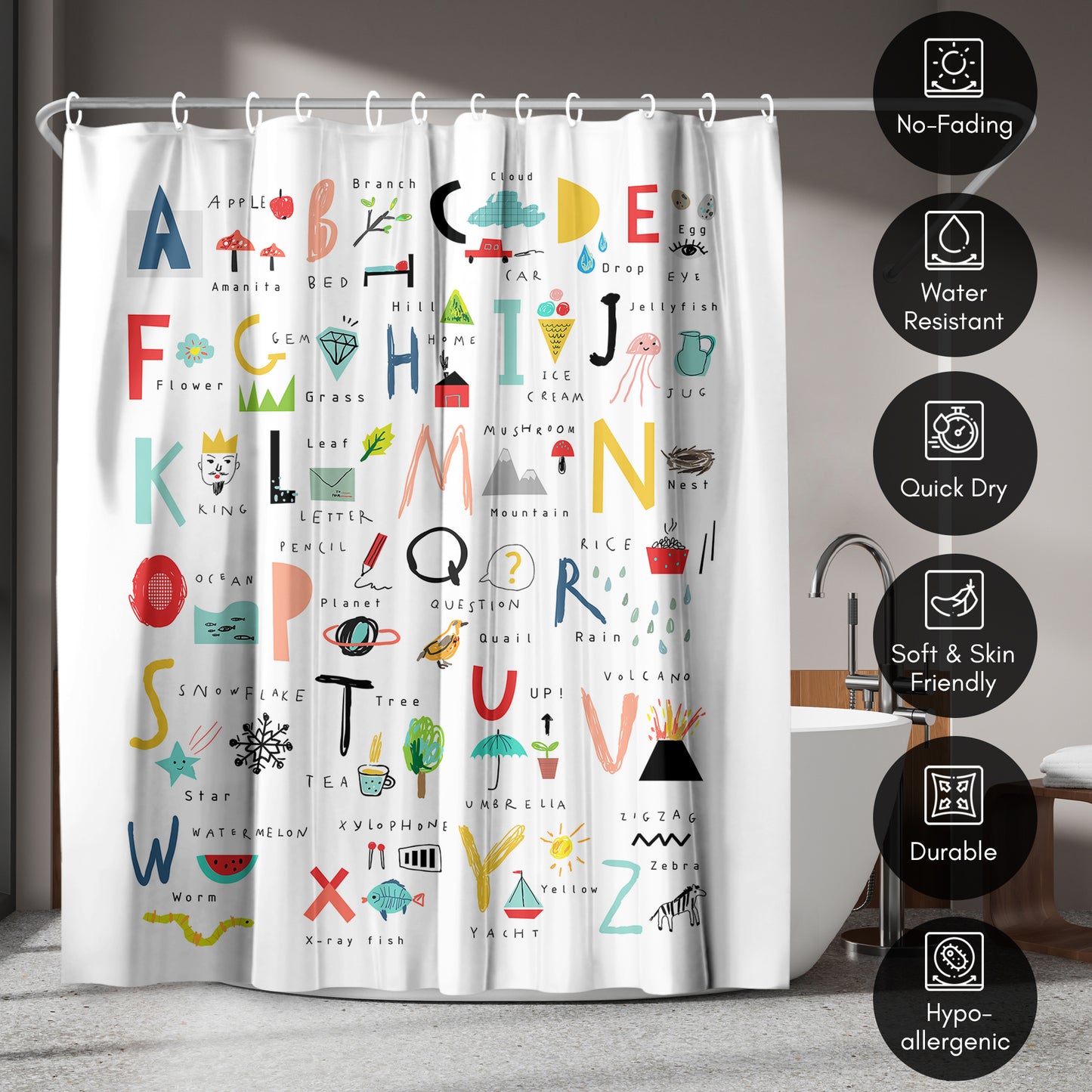 Americanflat 71x74 Hand Drawn Alphabet Shower Curtain - 100% Polyester Shower Curtain
