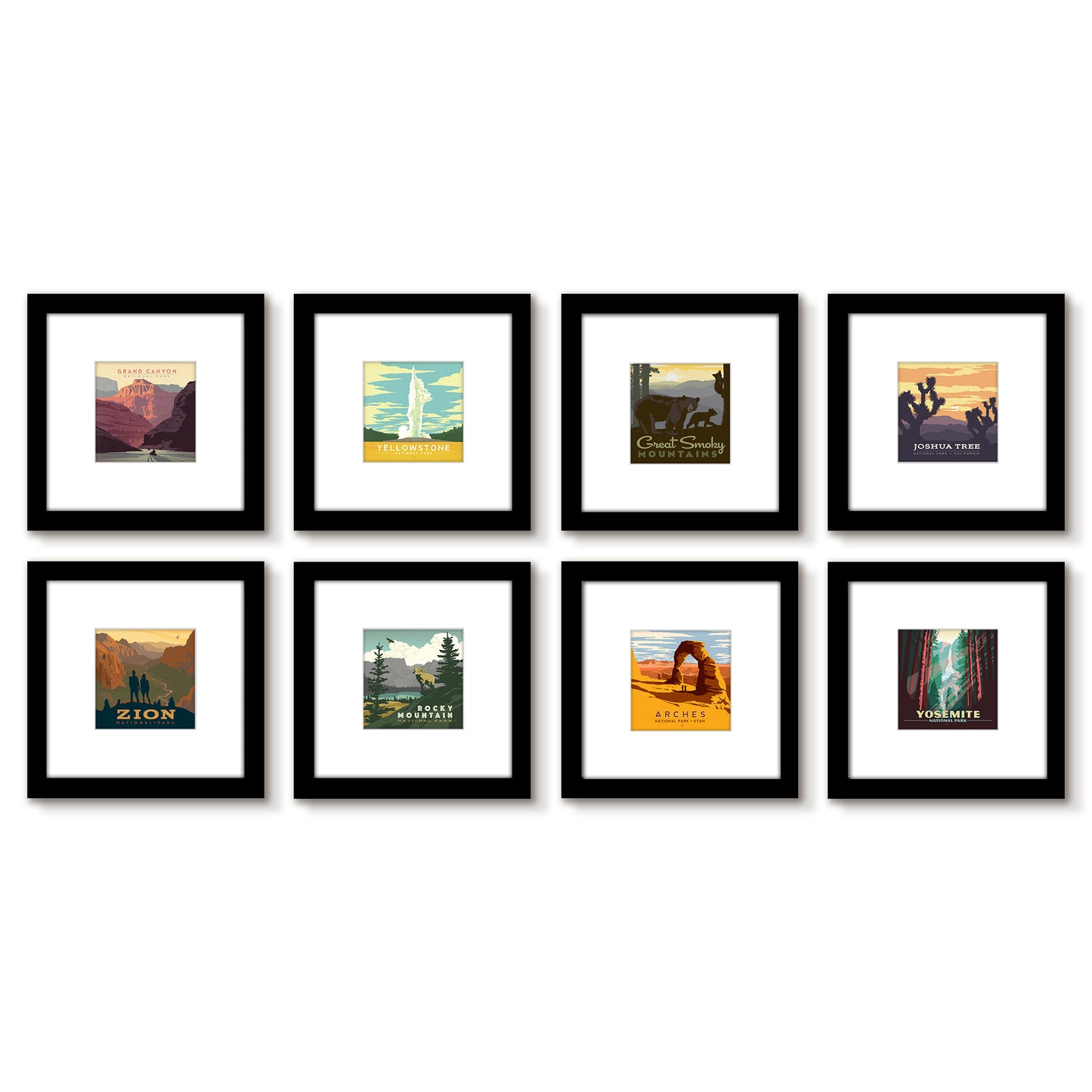 Retro National Parks - 8 Piece Gallery Framed Print Art Set