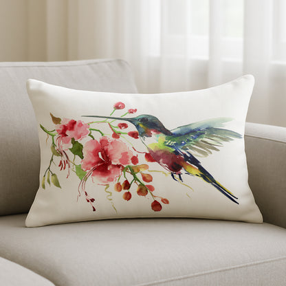 Throw Pillow with Sewn-In Insert | Hummingbird and Flowers Design