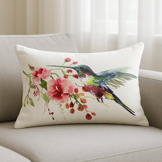 Throw Pillow with Sewn-In Insert | Hummingbird and Flowers Design
