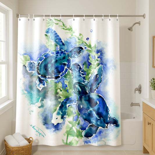 71x74 Sea Turtle Shower Curtain with 12 Metal Grommets | Blue
