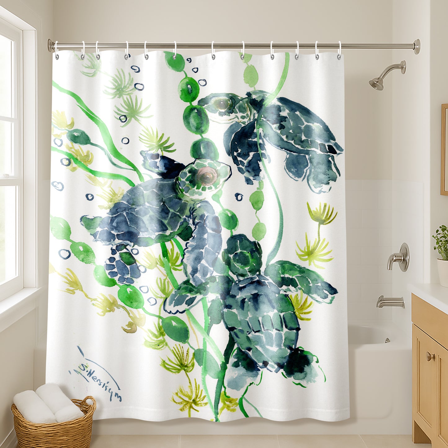 71x74 Sea Turtle Shower Curtain with 12 Metal Grommets | Green