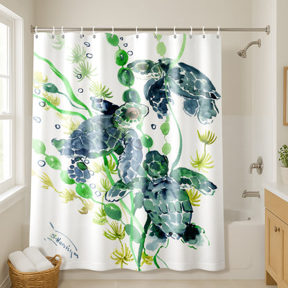 71x74 Sea Turtle Shower Curtain with 12 Metal Grommets | Green