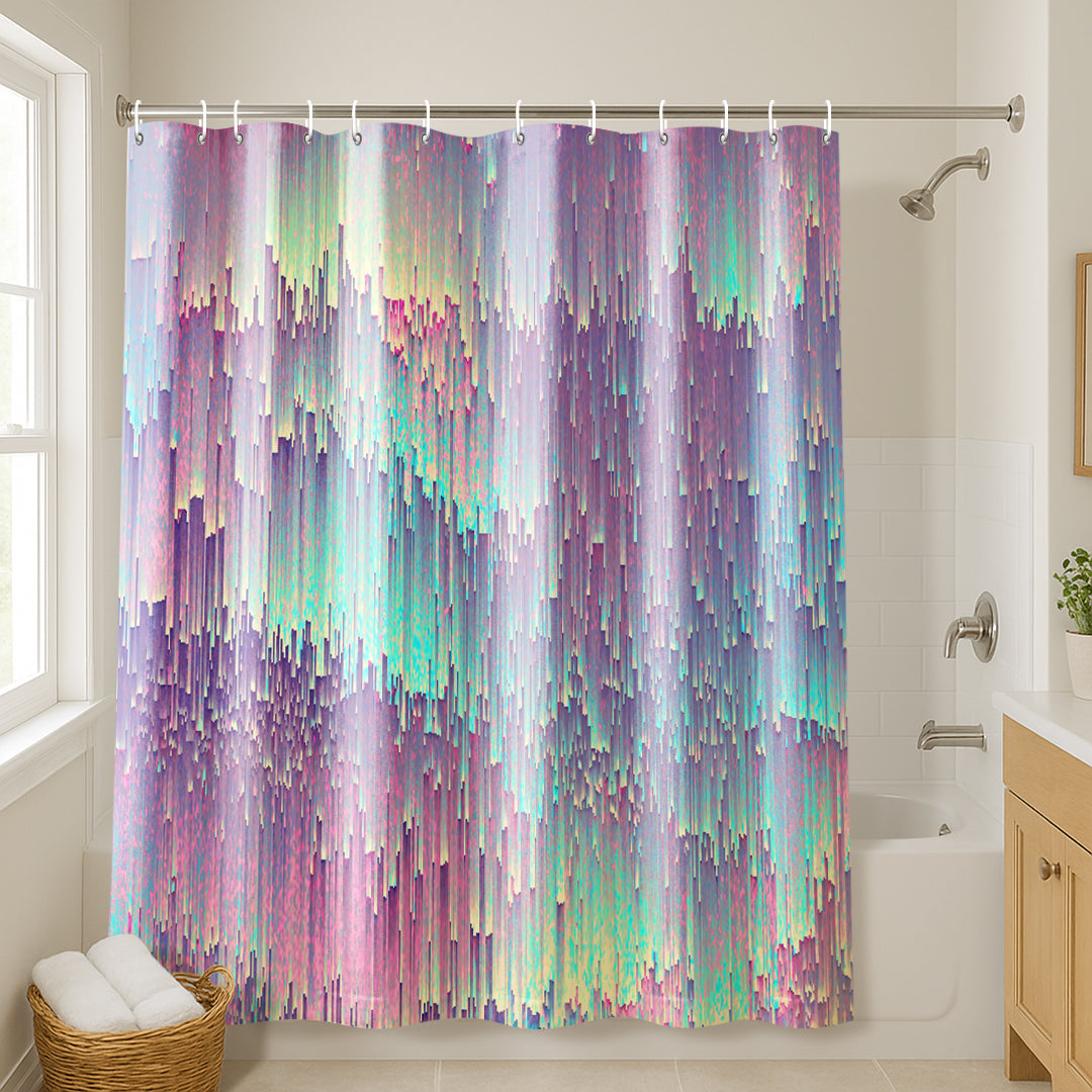 71x74 Abstract Shower Curtain with 12 Metal Grommets | Iridescent Glitches