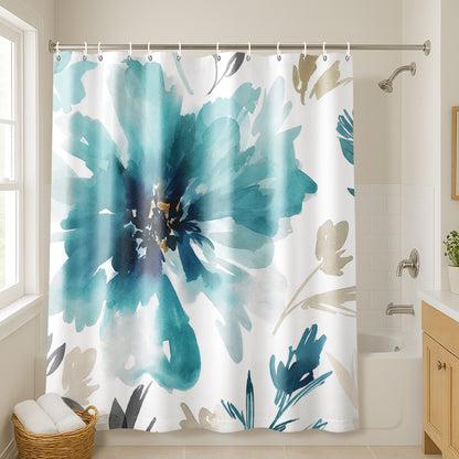 71x74 Abstract Shower Curtain with 12 Metal Grommets | Blue Floral