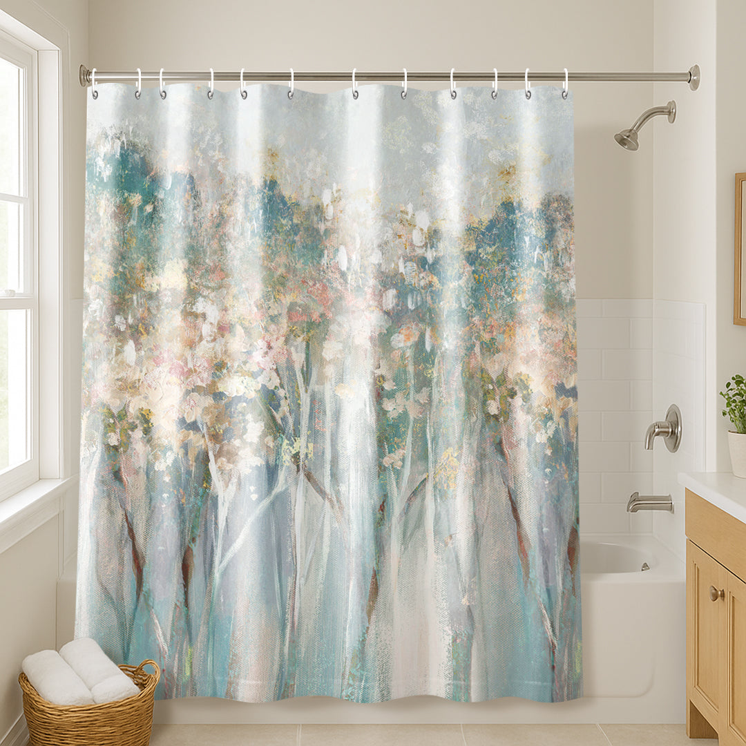 71x74 Abstract Shower Curtain with 12 Metal Grommets | Soft Blue and White