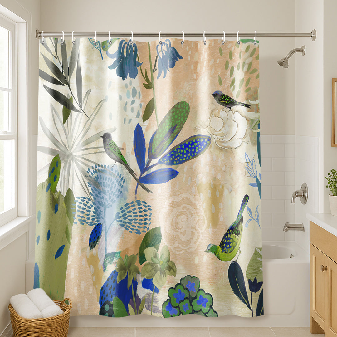71x74 Abstract Shower Curtain with 12 Metal Grommets | Botanical Design