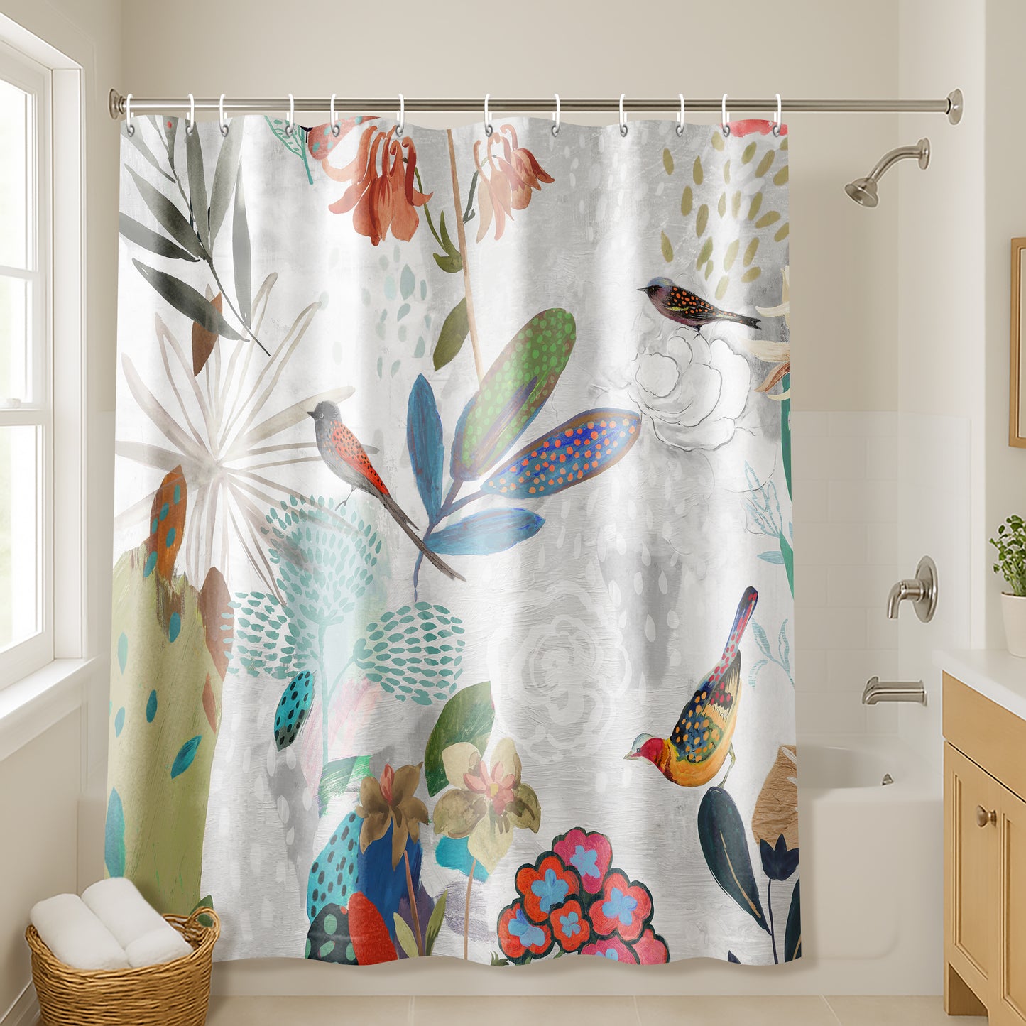 71x74 Abstract Shower Curtain with 12 Metal Grommets | Botanical Design