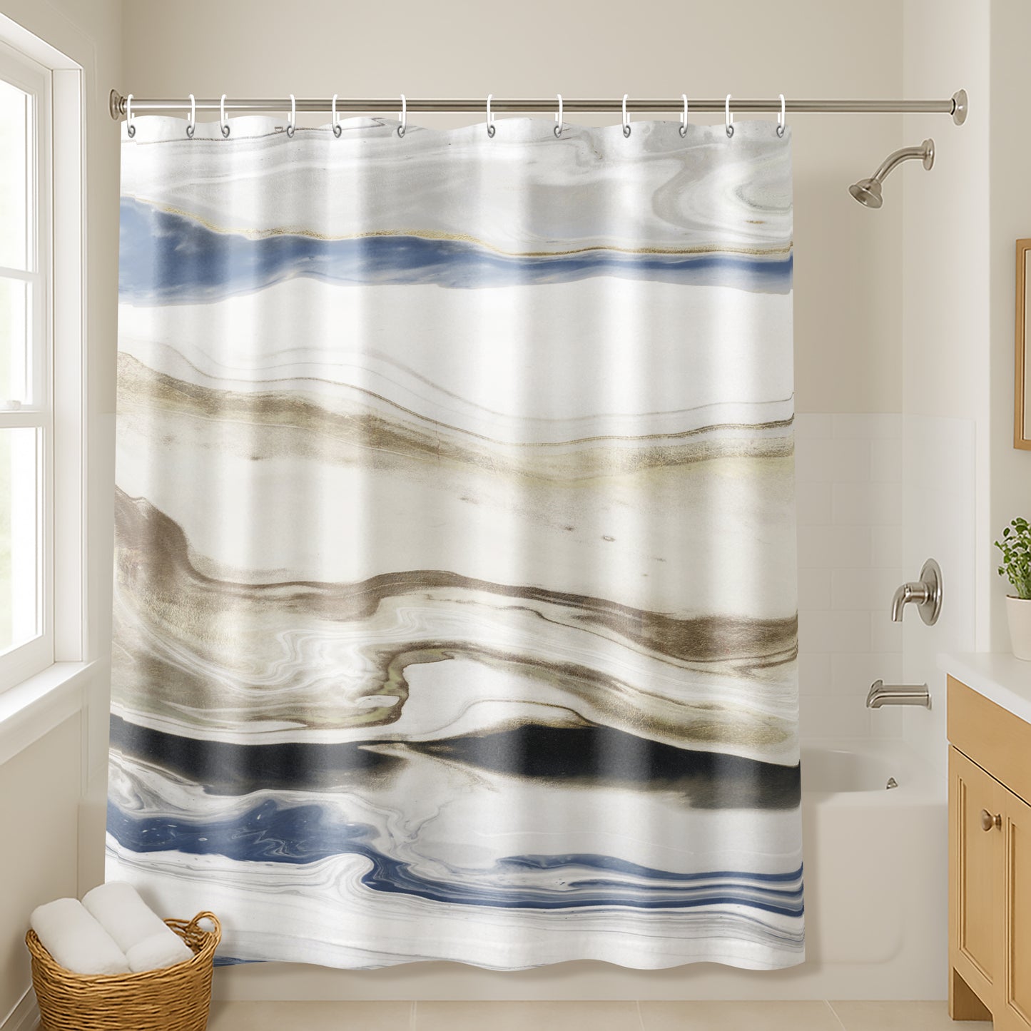71x74 Abstract Shower Curtain with 12 Metal Grommets | Navy and Cream