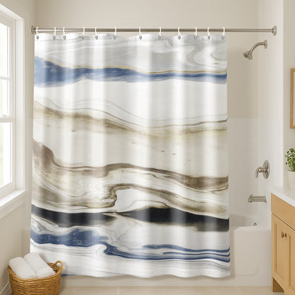71x74 Abstract Shower Curtain with 12 Metal Grommets | Navy and Cream