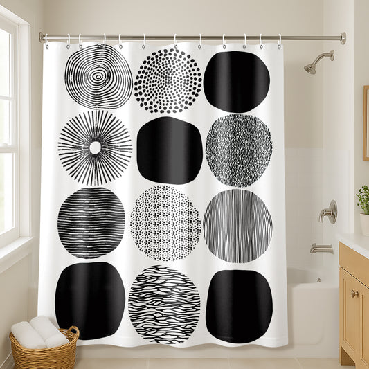 71x74 Abstract Shower Curtain with 12 Metal Grommets | Black Circles