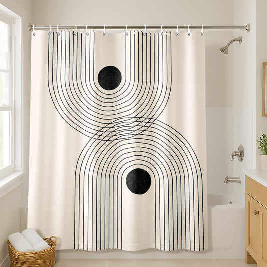 71x74 Abstract Shower Curtain with 12 Metal Grommets | Black Geometrical Line