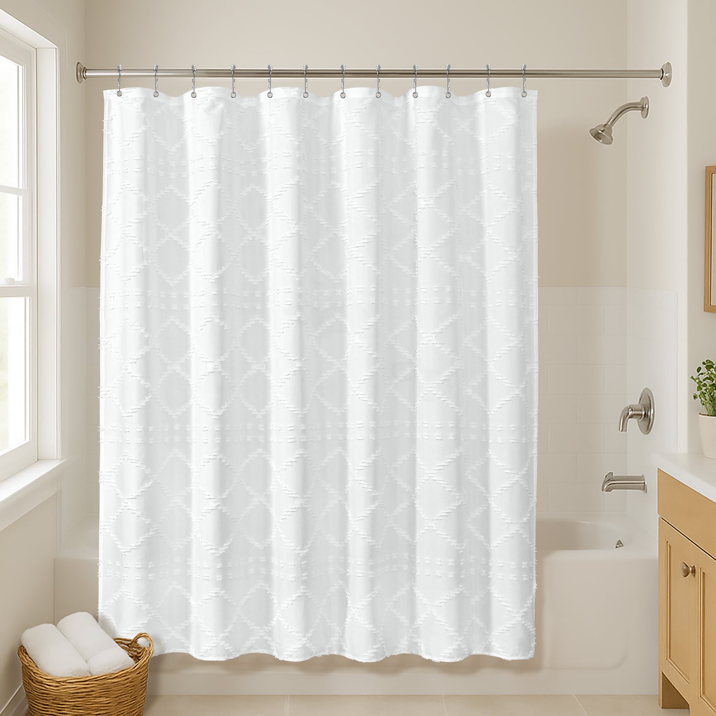 71x71 Woven Linen Shower Curtain with Tassel Accents and 12 Grommets | Textured Designs
