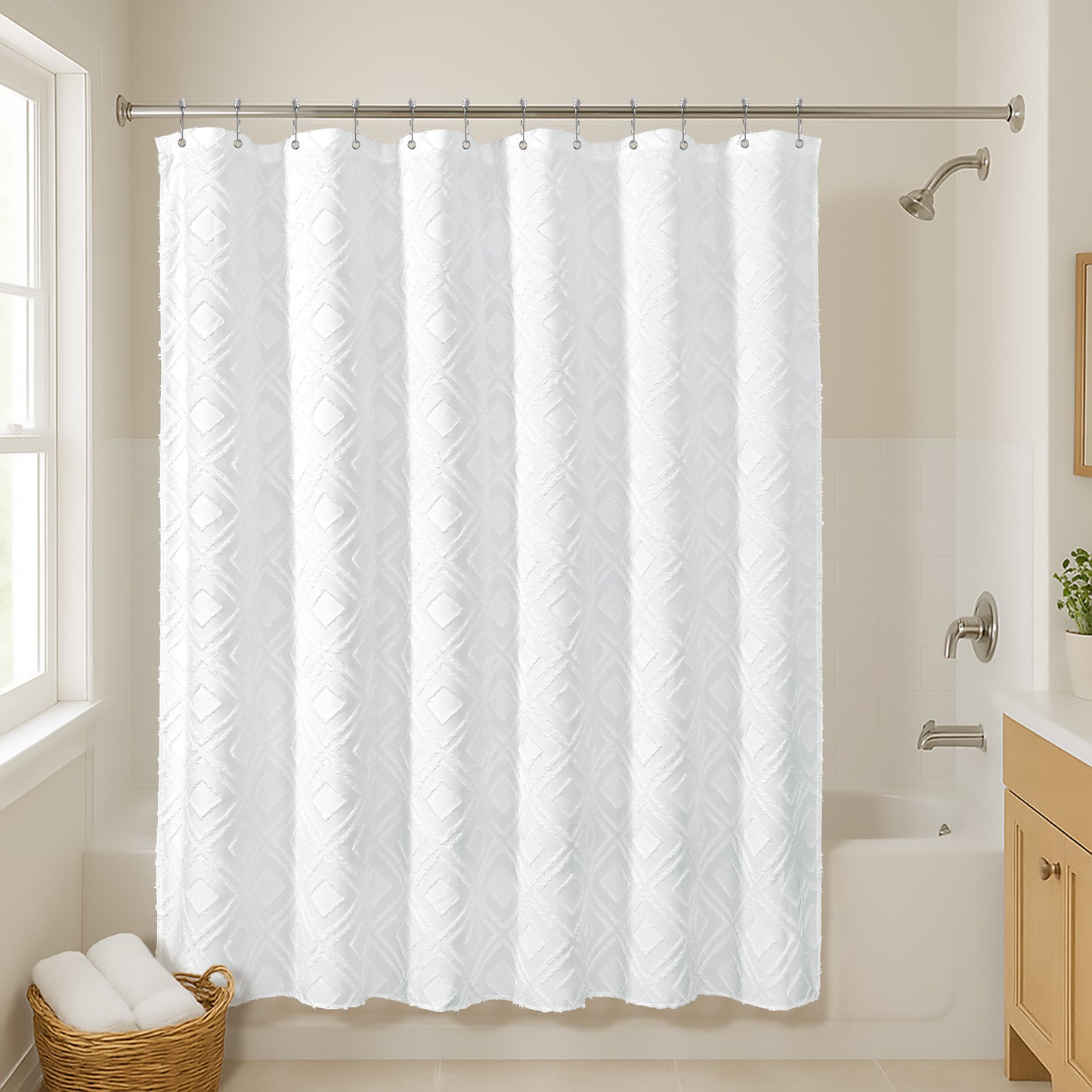 71x71 Woven Linen Shower Curtain with Tassel Accents and 12 Grommets | Textured Designs