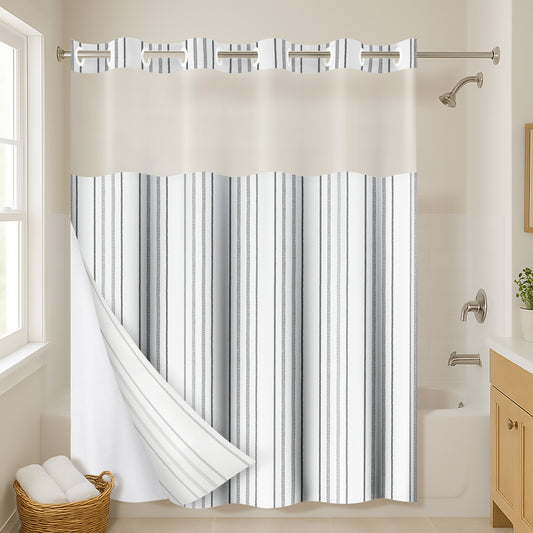 72x75 Hookless Shower Curtain with Sheer Panel, Snap-In Liner, and Grommets | Stripes