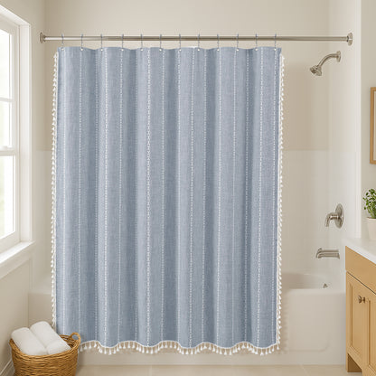 71x71 Woven Linen Shower Curtain with Tassel Accents and 12 Grommets | Solid Color