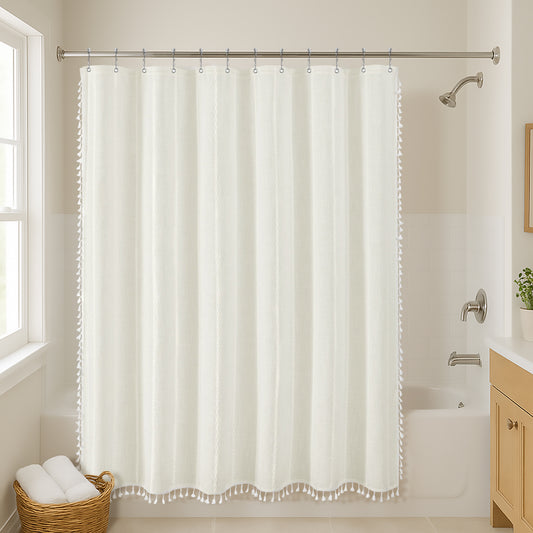 71x71 Woven Linen Shower Curtain with Tassel Accents and 12 Grommets | Solid Color