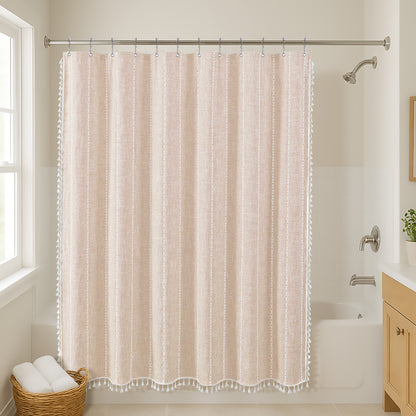 71x71 Woven Linen Shower Curtain with Tassel Accents and 12 Grommets | Solid Color