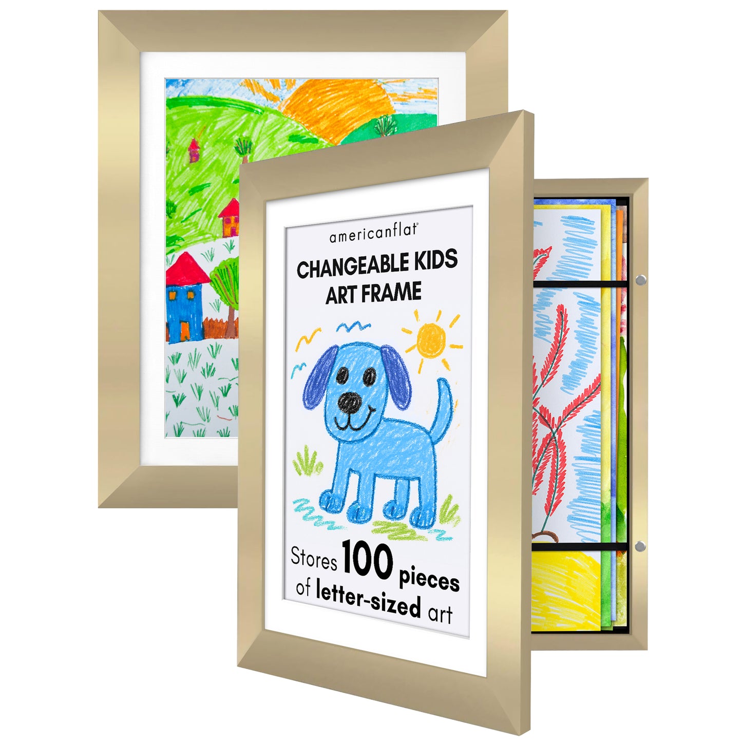Kids Artwork Frame Changeable (Gold) | Magnetic Door Holds 100 Art Pieces | 8.5x11 Letter Size Display with Mat or 10x12.5 Without Mat | My Mini Masterpiece (Set of 2)