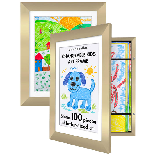 Kids Artwork Frame Changeable (Gold) | Magnetic Door Holds 100 Art Pieces | 8.5x11 Letter Size Display with Mat or 10x12.5 Without Mat | My Mini Masterpiece (Set of 2)