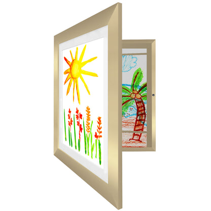 Kids Artwork Frame Changeable (Gold) | Magnetic Door Holds 100 Art Pieces | 8.5x11 Letter Size Display with Mat or 10x12.5 Without Mat | My Mini Masterpiece (Set of 2)