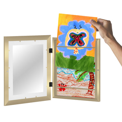 Kids Artwork Frame Changeable (Gold) | Magnetic Door Holds 100 Art Pieces | 8.5x11 Letter Size Display with Mat or 10x12.5 Without Mat | My Mini Masterpiece (Set of 2)