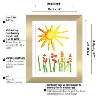 Kids Artwork Frame Changeable (Gold) | Magnetic Door Holds 100 Art Pieces | 8.5x11 Letter Size Display with Mat or 10x12.5 Without Mat | My Mini Masterpiece (Set of 2)