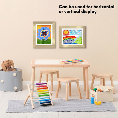 Kids Artwork Frame Changeable (Gold) | Magnetic Door Holds 100 Art Pieces | 8.5x11 Letter Size Display with Mat or 10x12.5 Without Mat | My Mini Masterpiece (Set of 2)