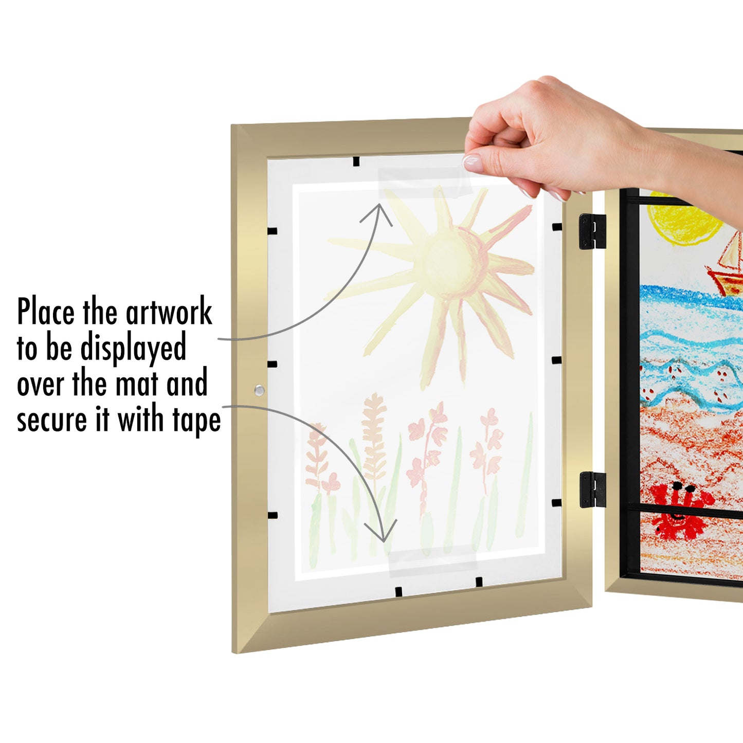 Kids Artwork Frame Changeable (Gold) | Magnetic Door Holds 100 Art Pieces | 8.5x11 Letter Size Display with Mat or 10x12.5 Without Mat | My Mini Masterpiece (Set of 2)