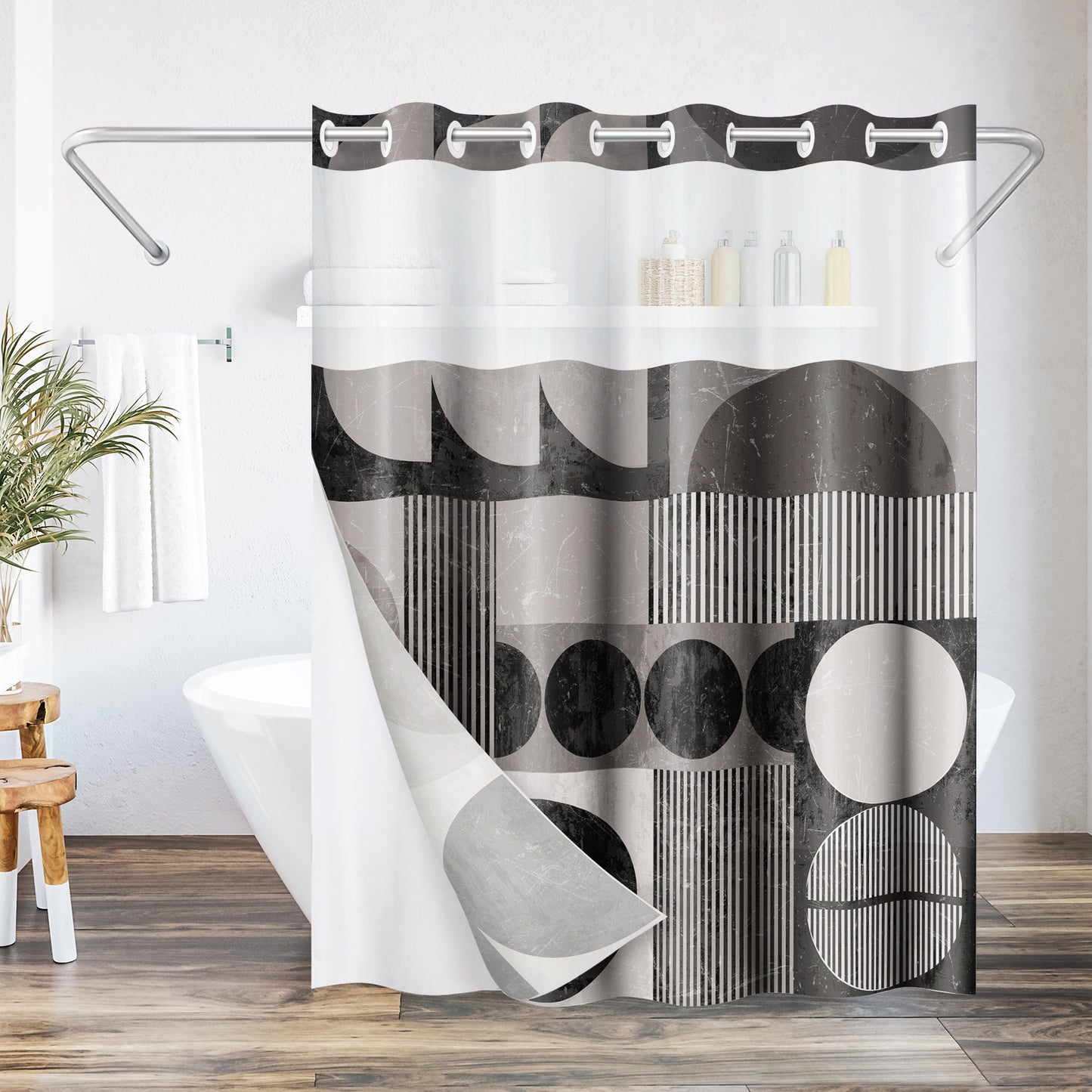 Americanflat 72x75 Hookless Shower Curtain - Water-Resistant Abstract Shower Curtain with Sheer Panel, Snap-In Liner, and Grommets