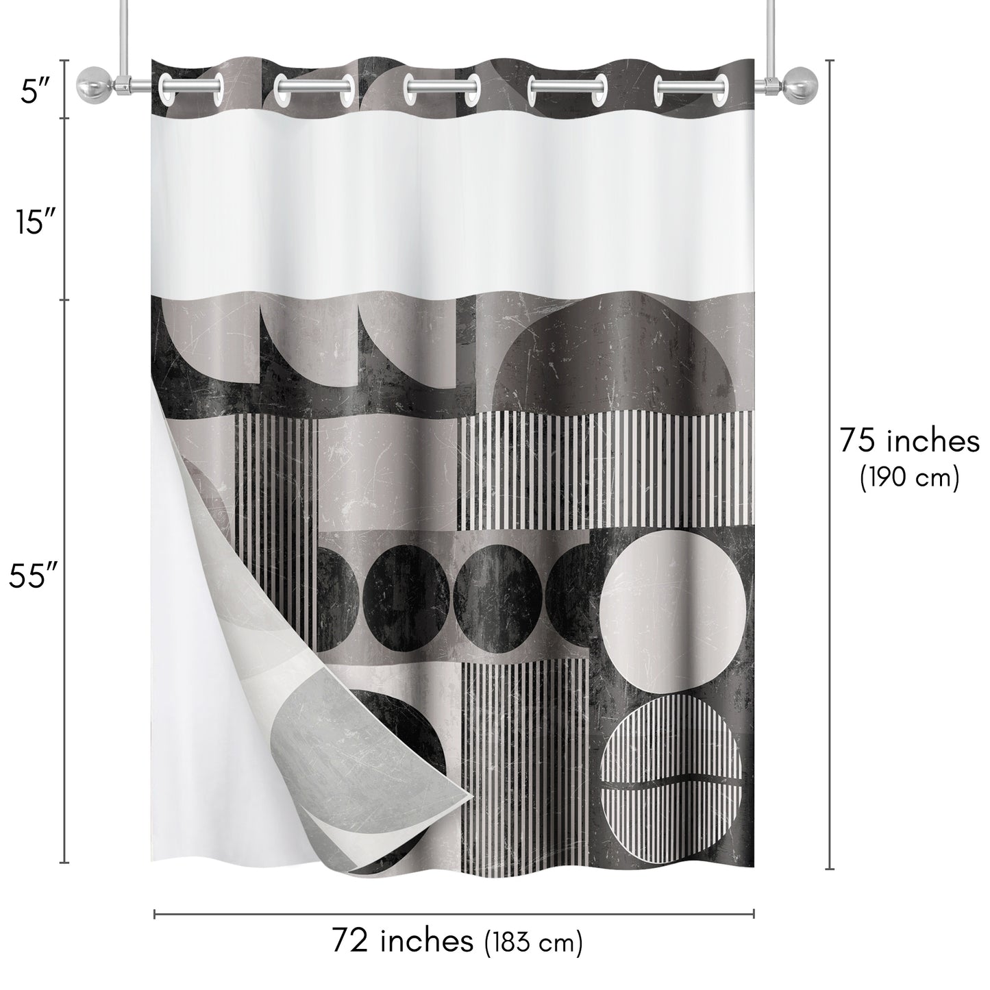 Americanflat 72x75 Hookless Shower Curtain - Water-Resistant Abstract Shower Curtain with Sheer Panel, Snap-In Liner, and Grommets