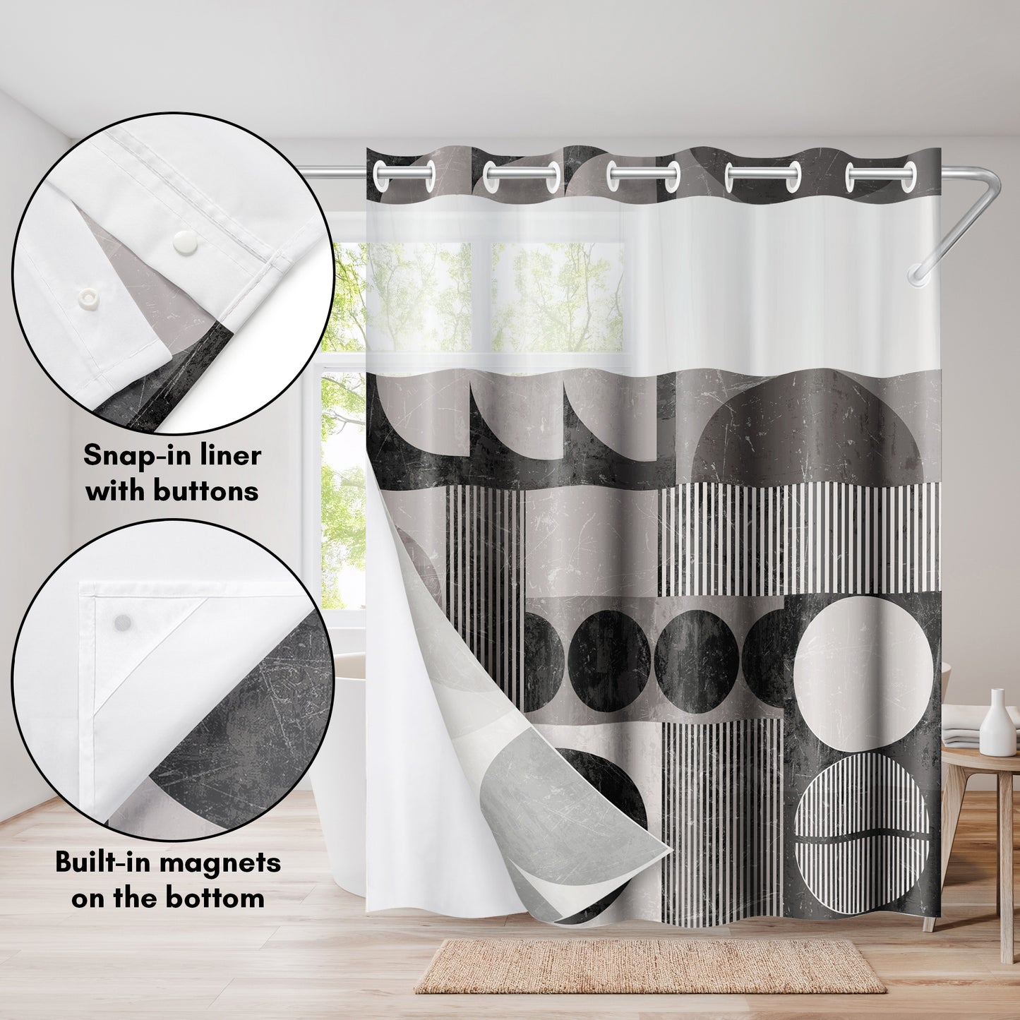 Americanflat 72x75 Hookless Shower Curtain - Water-Resistant Abstract Shower Curtain with Sheer Panel, Snap-In Liner, and Grommets