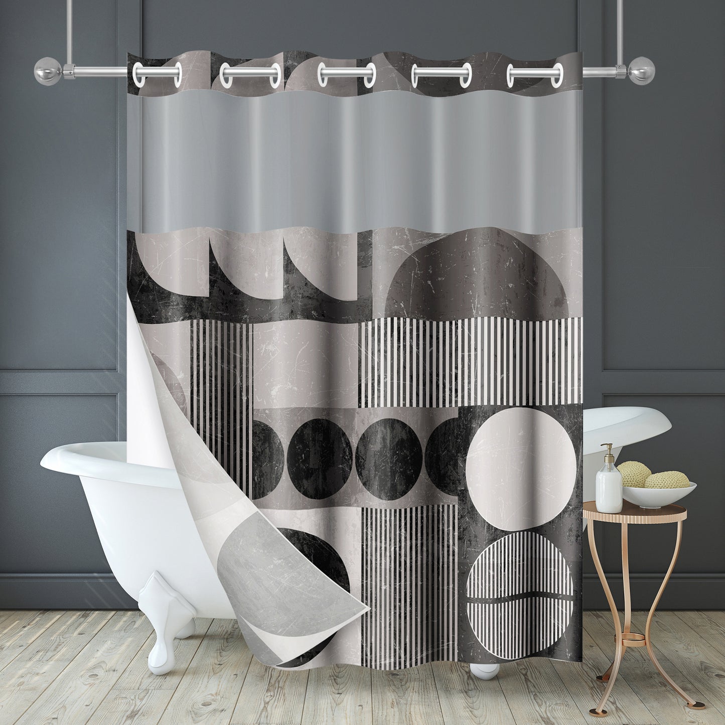 Americanflat 72x75 Hookless Shower Curtain - Water-Resistant Abstract Shower Curtain with Sheer Panel, Snap-In Liner, and Grommets
